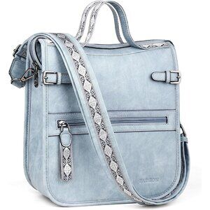 Women’s Light Blue Leather Purse Crossbody Bag Handbag Wide